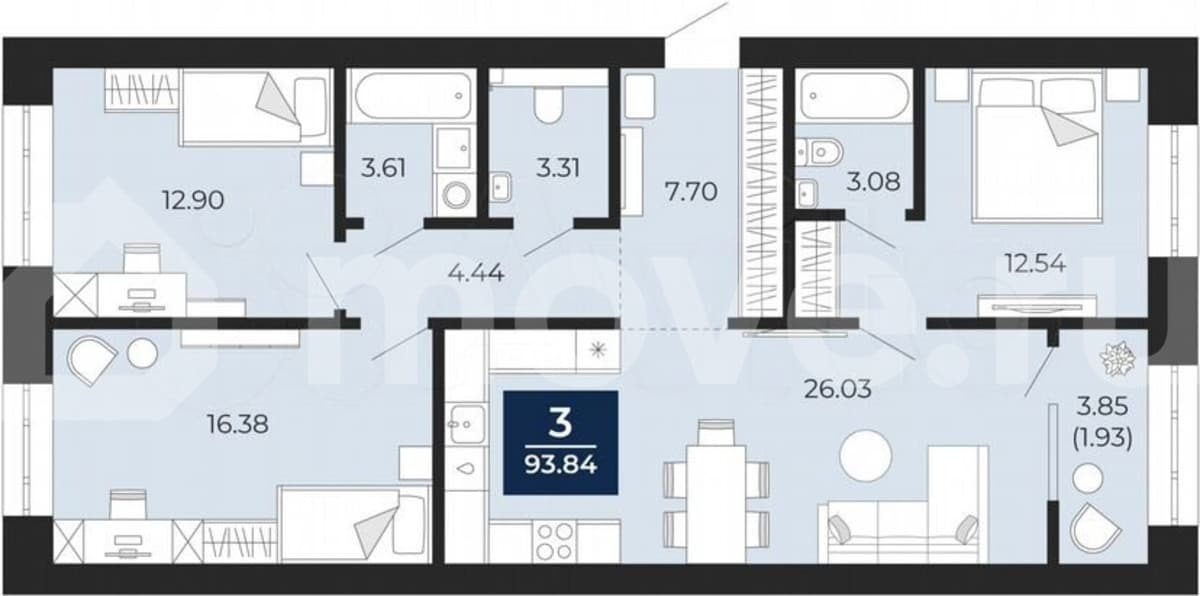 3-комн. квартира, 91.9 м²