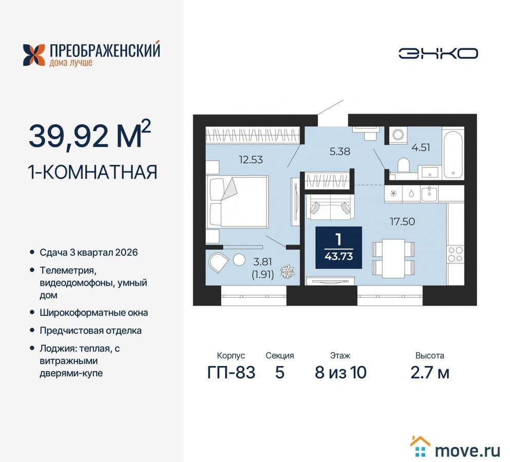 1-комн. квартира, 39.92 м²