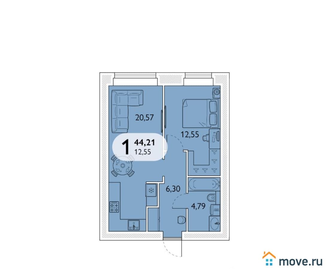1-комн. квартира, 44.21 м²