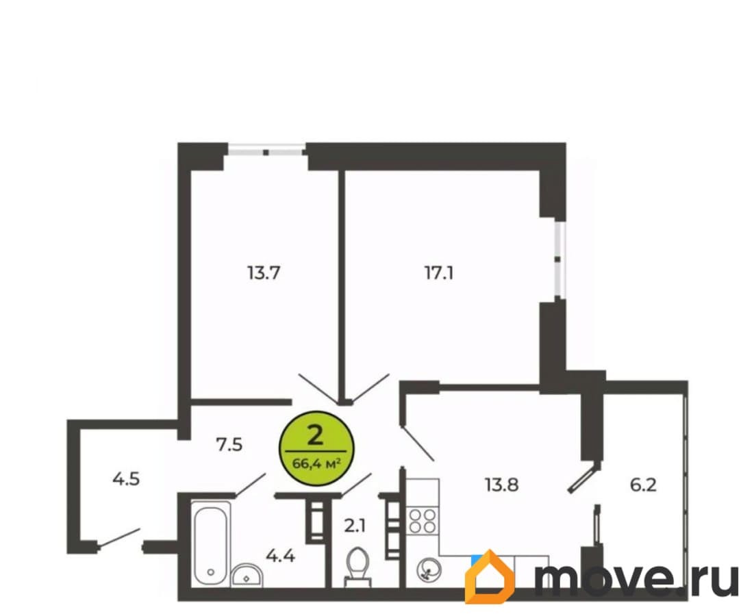 2-комн. квартира, 66.48 м²