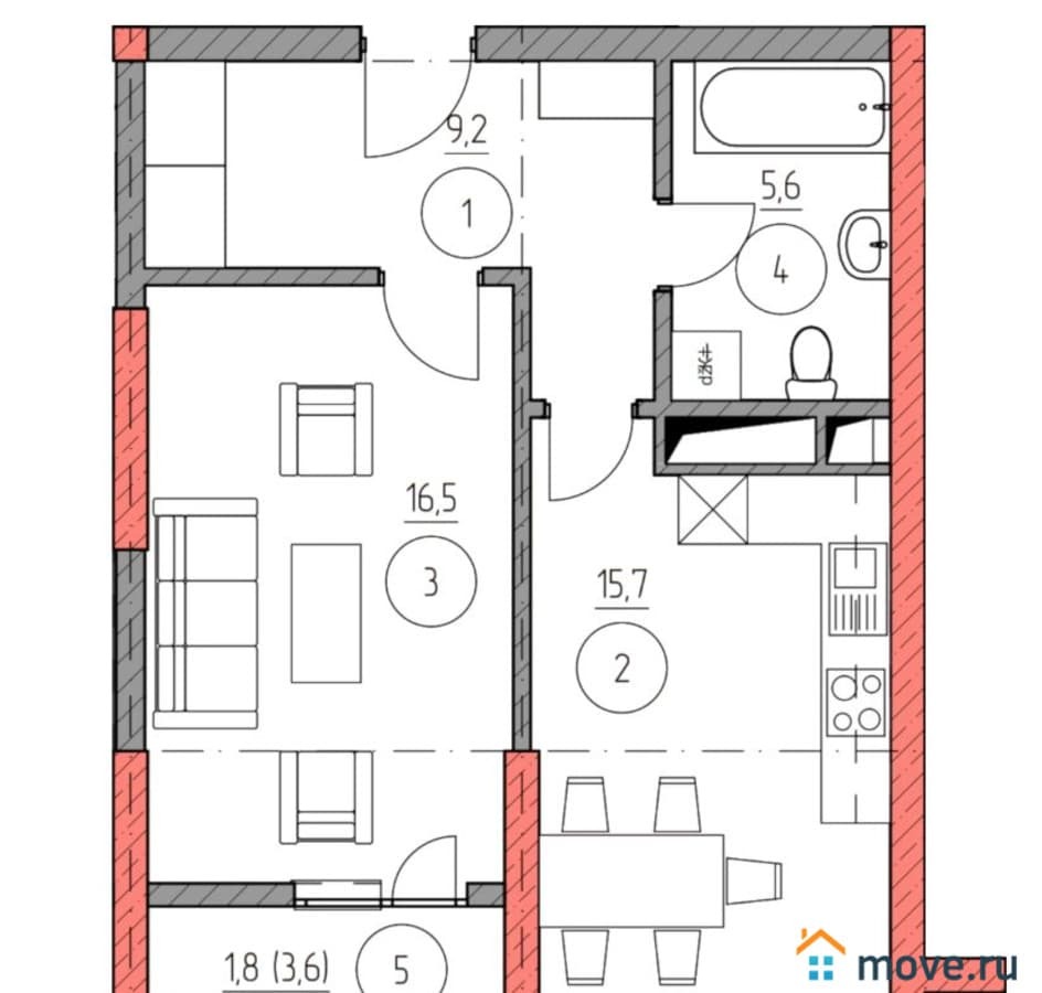 1-комн. квартира, 54.1 м²