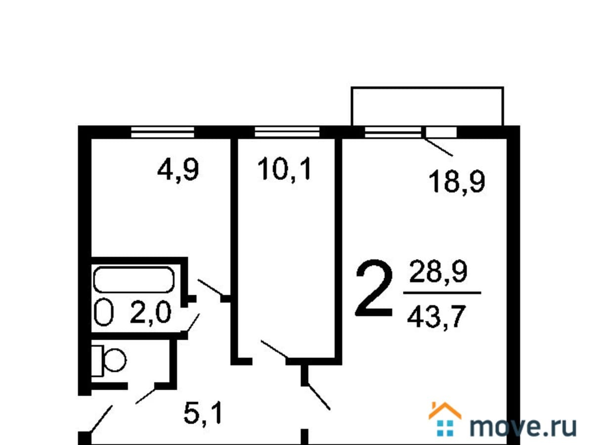 2-комн. квартира, 44 м²