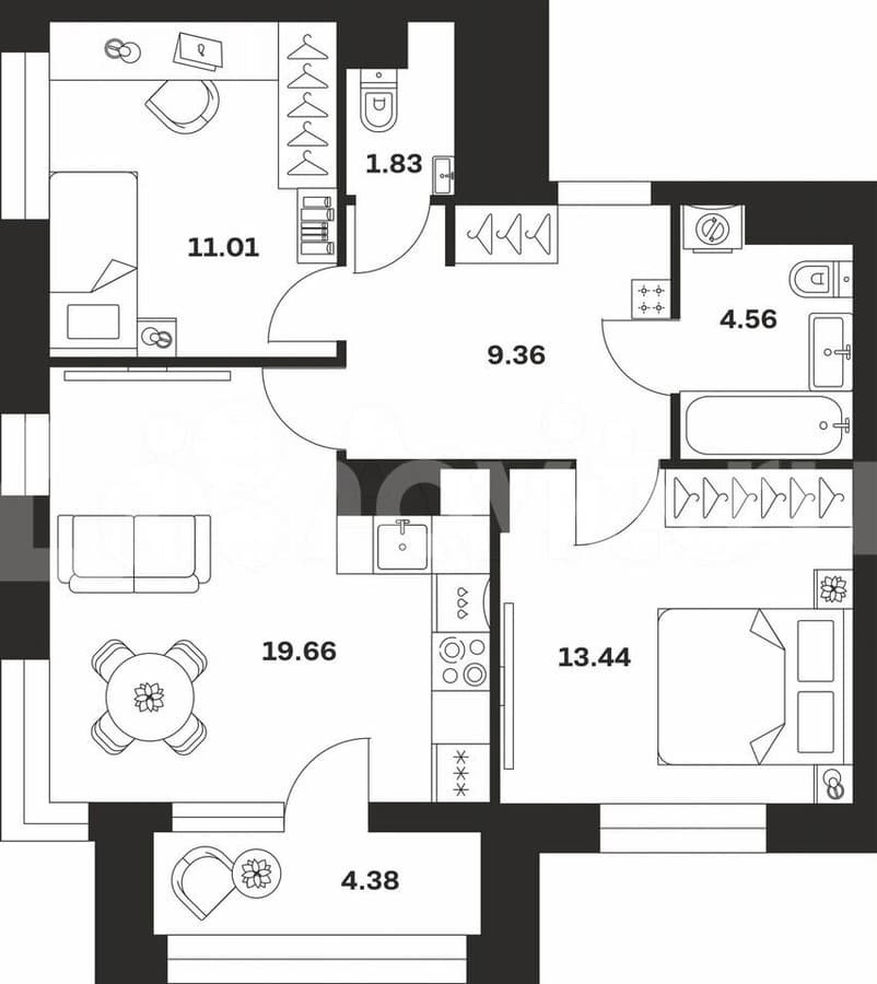 3-комн. квартира, 64.2 м²