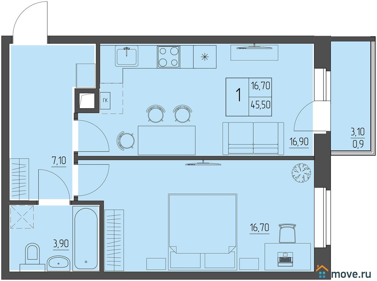 1-комн. квартира, 44.6 м²